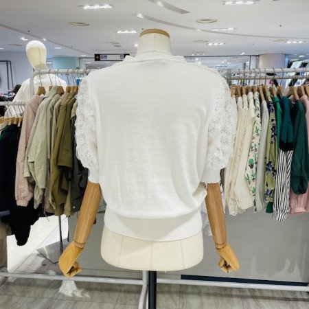 V넥 펄 플라워 반팔 가디건