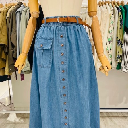 줄 단추 벨트 데님 스커트