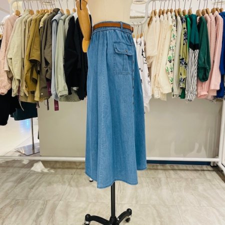 줄 단추 벨트 데님 스커트