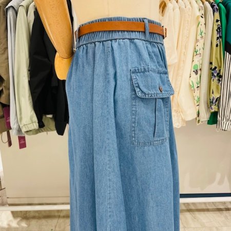 줄 단추 벨트 데님 스커트