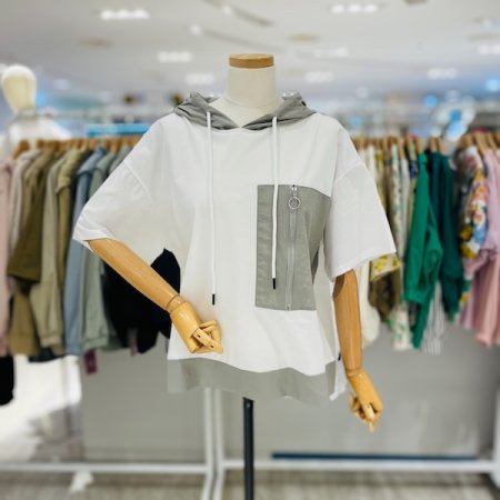 배색 포켓 후드 티셔츠