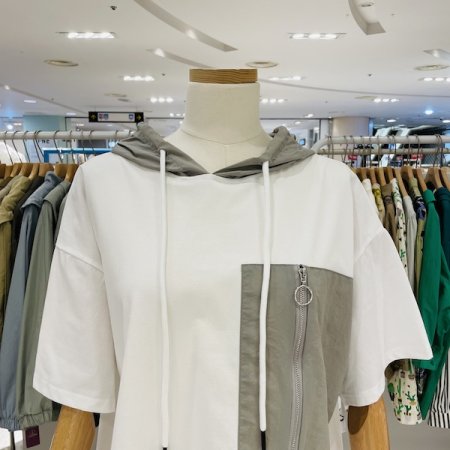 배색 포켓 후드 티셔츠