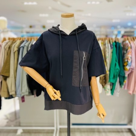 배색 포켓 후드 티셔츠