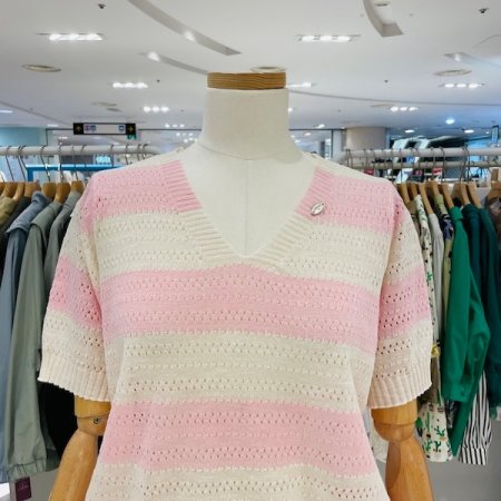 V넥 스트라이프 니트