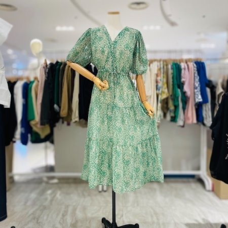 소매 퍼프 꽃 브이넥 원피스