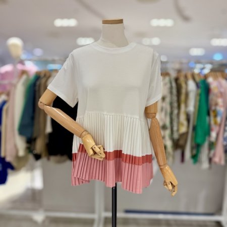 플리츠 컬러 배색 티셔츠