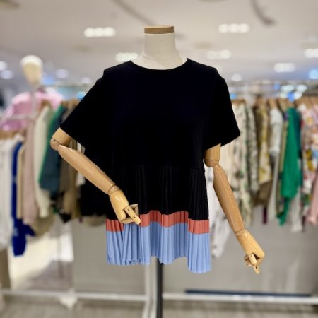 플리츠 컬러 배색 티셔츠