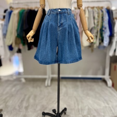 더블 핀턱 밴딩 데님 반바지