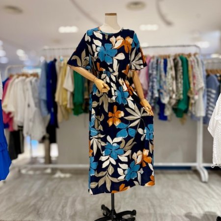 허리 스모크 빅 플라워 원피스