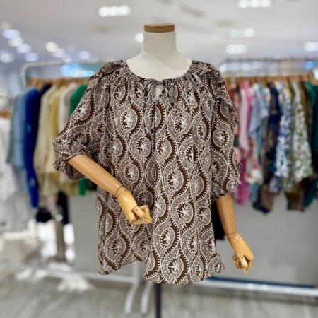 소매 벌룬 나염 블라우스