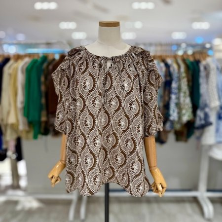 소매 벌룬 나염 블라우스