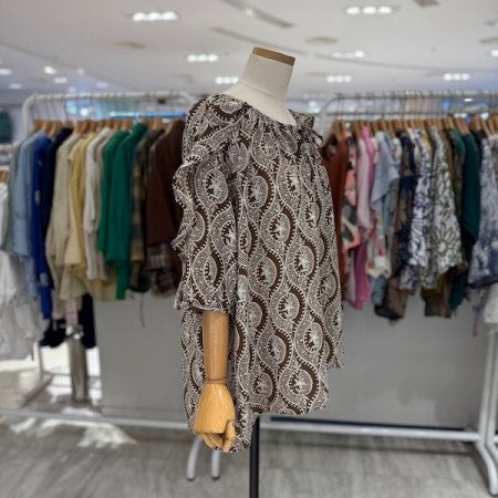 소매 벌룬 나염 블라우스