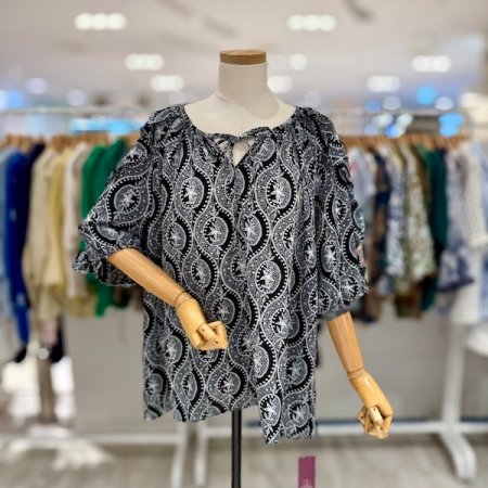 소매 벌룬 나염 블라우스