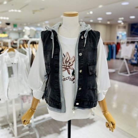 스테파니 데님 후드 배색 베스트