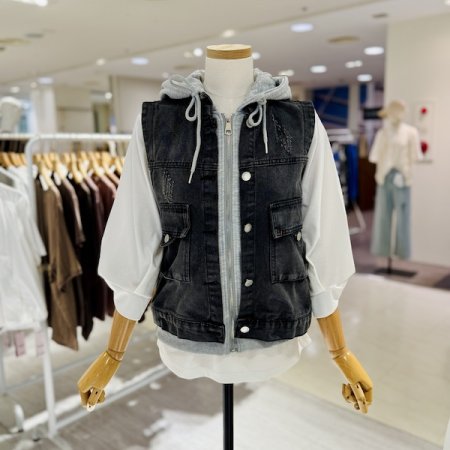 스테파니 데님 후드 배색 베스트