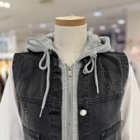 스테파니 데님 후드 배색 베스트