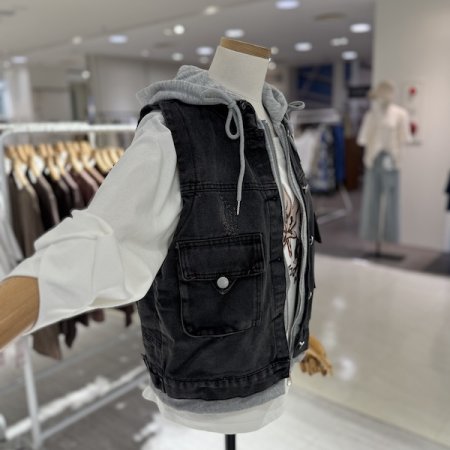 스테파니 데님 후드 배색 베스트