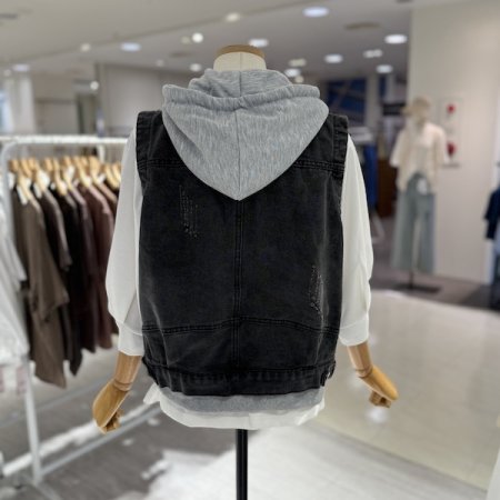 스테파니 데님 후드 배색 베스트
