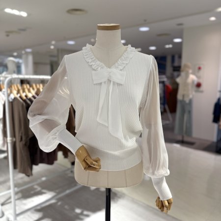 리본 소매 배색 골지 니트