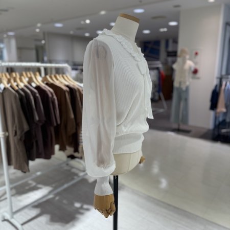 리본 소매 배색 골지 니트