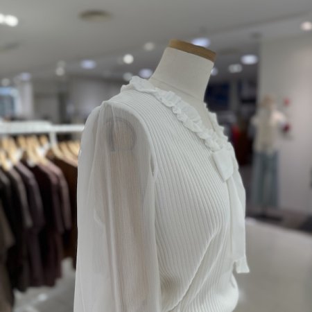 리본 소매 배색 골지 니트