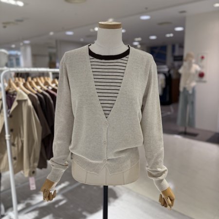 단가라 배색 가디건 니트