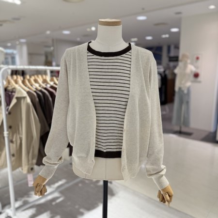 단가라 배색 가디건 니트