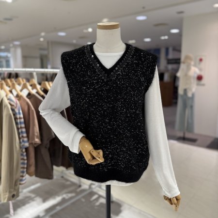 스팽글 브이넥 니트 조끼