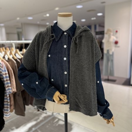 후드 루즈핏 니트 베스트 집업