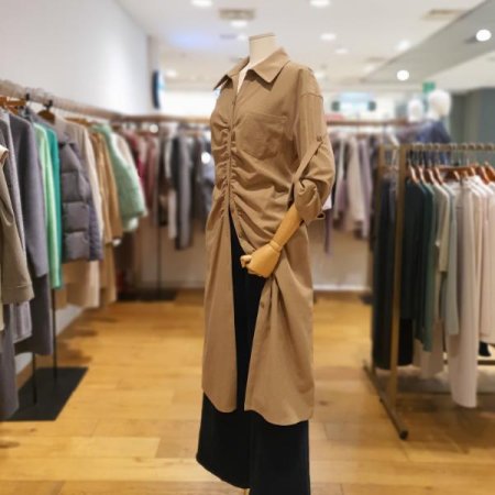 셔링 셔츠형 면 원피스