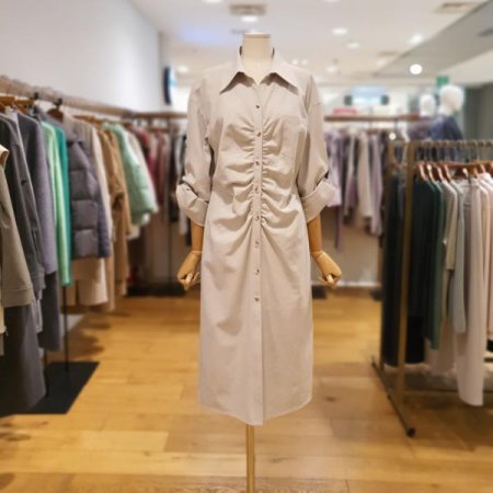 셔링 셔츠형 면 원피스