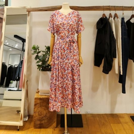 프린팅 V넥 롱 원피