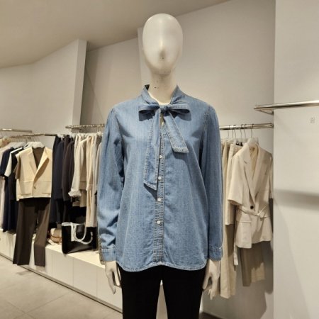 리본넥데님블라우스