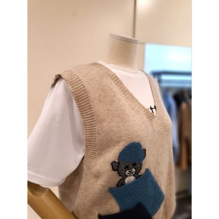 울혼방 베어 배색 포켓 조끼 베이지