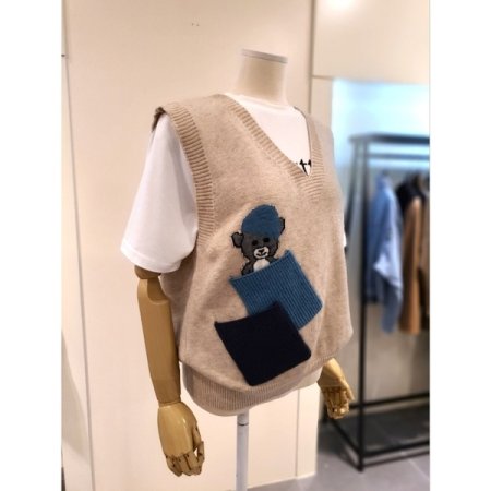 울혼방 베어 배색 포켓 조끼 베이지