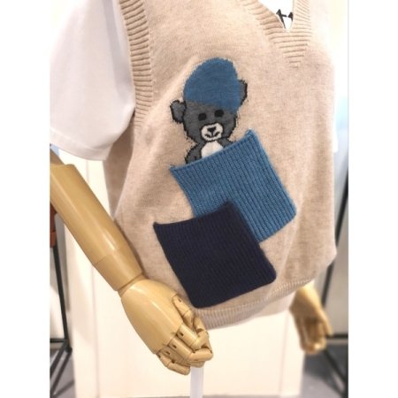 울혼방 베어 배색 포켓 조끼 베이지