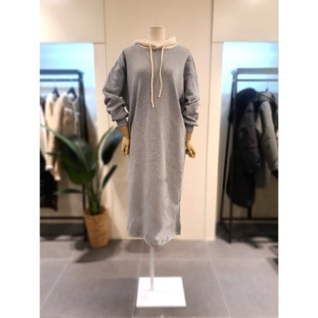 스트링 후드 기모 원피스 그레이
