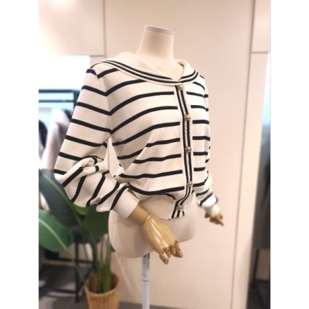 스트라이프 세일러 카라 가디건 베이지