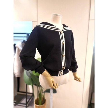 스트라이프 세일러 카라 가디건 블랙