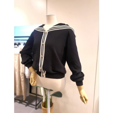 스트라이프 세일러 카라 가디건 블랙