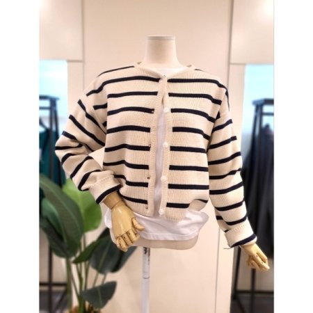 스트라이프 라운드넥 가디건 네이비