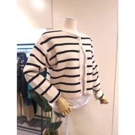 스트라이프 라운드넥 가디건 네이비