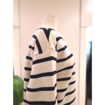 스트라이프 라운드넥 가디건 네이비