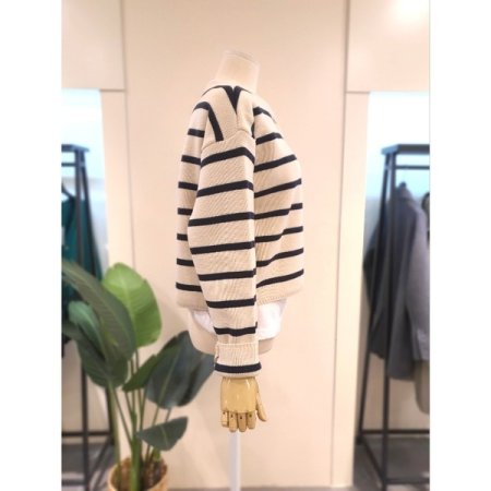 스트라이프 라운드넥 가디건 네이비