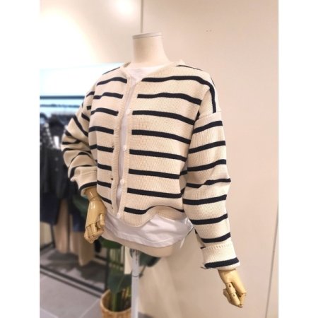 스트라이프 라운드넥 가디건 네이비