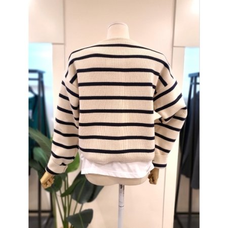 스트라이프 라운드넥 가디건 네이비