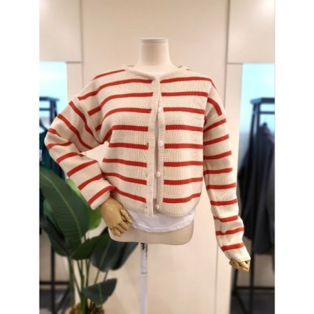 스트라이프 라운드넥 가디건 네이비