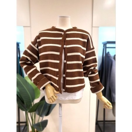 스트라이프 라운드넥 가디건 네이비