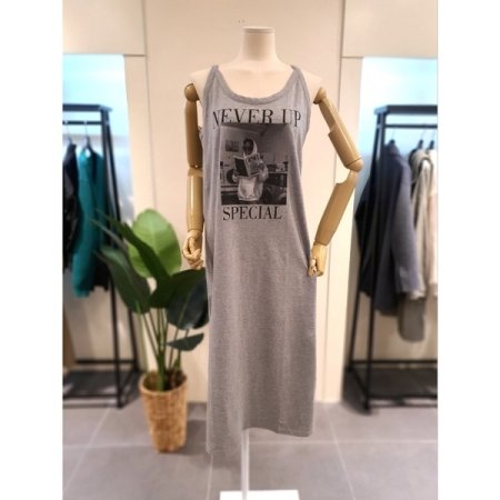 프린트 끈소매 면 원피스 그레이