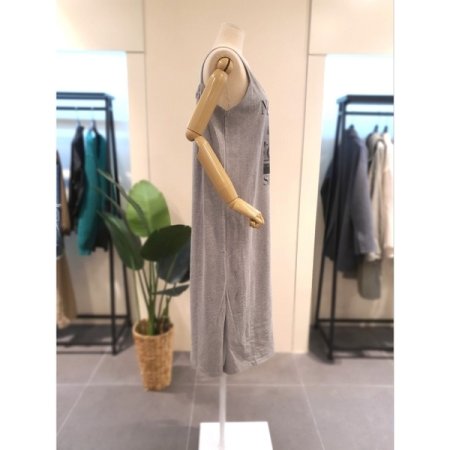 프린트 끈소매 면 원피스 그레이